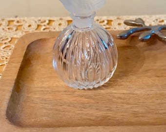 Sasaki Crystal Perfume Bottle. Frosted Bird Stopper, Japan Vanity Bottle, Ribbed Cut Glass