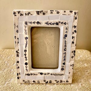 Mosaic Tile Picture Frame with Blue and White Floral Design