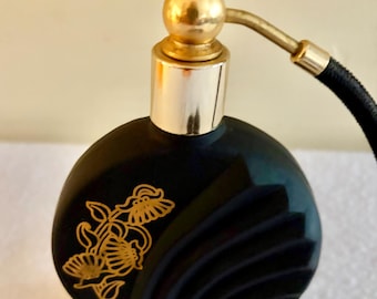 Schwarze Satin Glas Parfüm Zerstäuber Flasche. Vintage 1980er Jahre Art Deco Design.