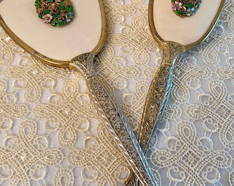 Vintage Vanity Set, Mirror and Hairbrush. Goldtone ornate Design Handles. Multicolored Enameled Floral Design Medallion.