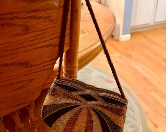 Vintage Beaded Geometric Evening Bag. Art Deco Metallic Bead Purse with Braided Strap.