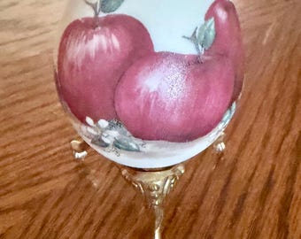 Hand Painted Apple Egg Paperweight on Gold 3 Legged Stand. Country Kitchen Decor.