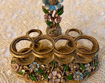 Vintage Matson Ornate Lipstick Holder. 24 K Goldplated with Pink and Blue Enameled Dogwood Flower Design