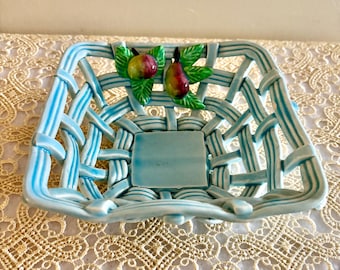 Vintage Ceramic Basket in Blue Lattice Weave Design. Made in Spain