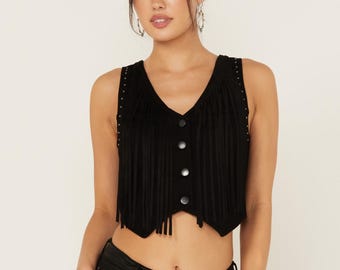 Geitensuède westernvest met franje - cowgirlstijl voor dames