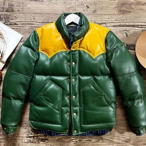 Handmade Sheepskin Leather Puffer Jacket: Men&#39;s Bomber Style