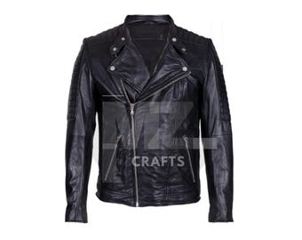 May include: Black leather jacket with a classic asymmetrical zip closure, quilted shoulder detailing, and multiple zippered pockets. The jacket features a notched lapel collar and silver hardware. The text "CRAFTS" is visible on the jacket.