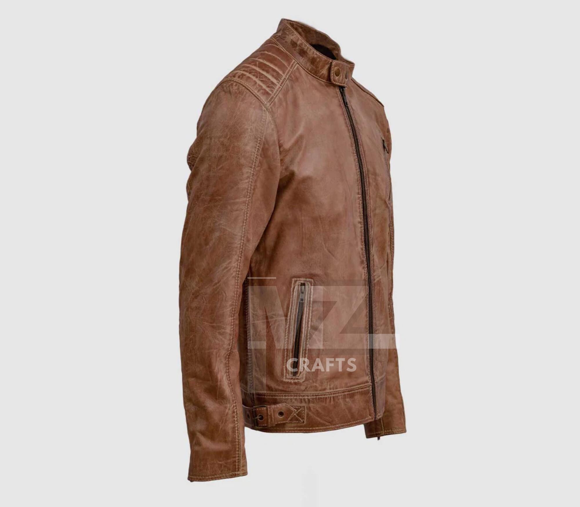 Handmade Vintage Brown Leather Biker Jacket, Men's Cowhide Fashion
