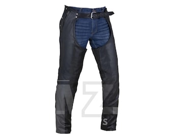 Men's Distressed Black Leather Motorcycle Chaps: Thermal Lined, 4-Pocket