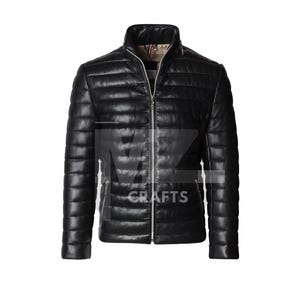 Handmade Sheepskin Leather Puffer Jacket: Men&#39;s Black Bomber
