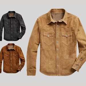May include: Three long-sleeved shirts in different colors. The shirt on the left is dark gray, the shirt in the middle is brown, and the shirt on the right is light brown. All three shirts have a button-down collar, two chest pockets, and long sleeves.