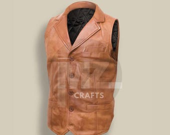 Handmade Genuine Sheepskin Leather Tan Vintage waxed Biker Vest, Men Leather Waistcoat,
