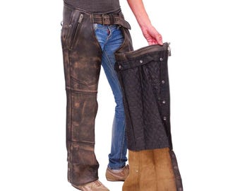 Men&#39;s Leather Biker Distressed Thermal Lined 4 Pocket Chaps