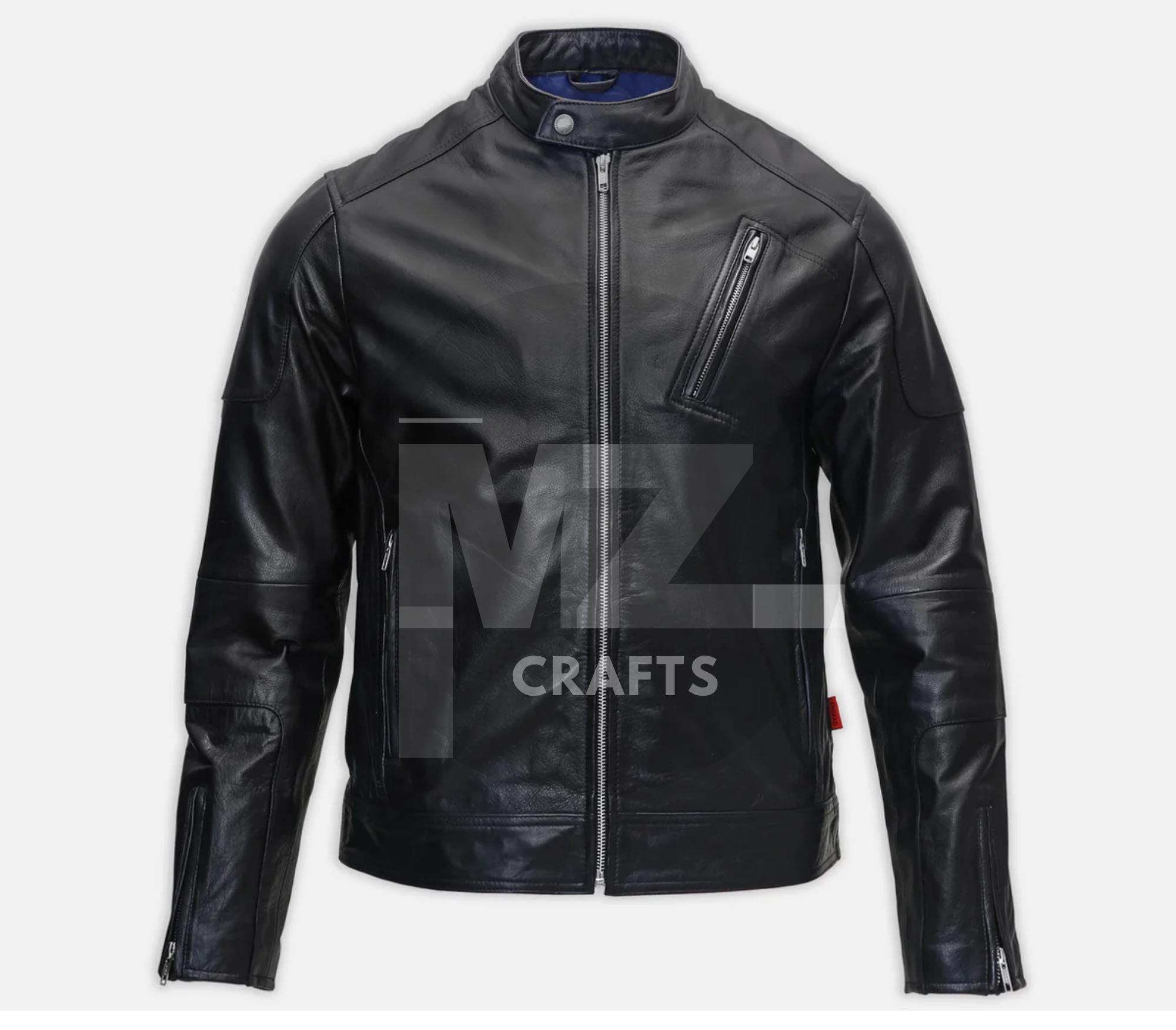Handmade Cowhide Leather Biker Jacket: Vintage Blue Motorcycle