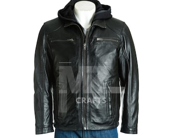Handmade Cowhide Leather Biker Jacket: Vintage Black Varsity Style