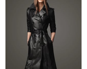 Women&#39;s Genuine Sheepskin Leather Trench Coat - Black Long Coat