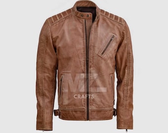 Handmade Vintage Brown Leather Biker Jacket, Men's Cowhide Fashion
