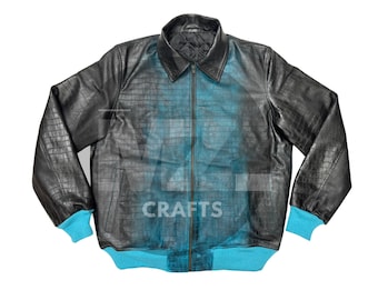 Luxury Embossed Crocodile Leather Jacket: Teal Blue & Black