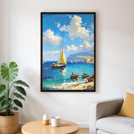 太陽に照らされた港の風景画：額入り沿岸の黄色い帆船の絵画 - Etsy 日本