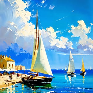 Sunlit Harbor Digital Art #2 | Sailing Boats Coastal Landscape | Nautical Wall Decor