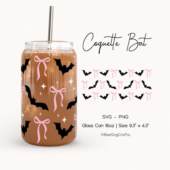 Coquette Bat Libbey Glass Wrap Svg, Cute Bow Halloween 16oz Cup Svg, Girly Spooky Season Glass Can, Fall UV DTF Png, SVG file for Cricut