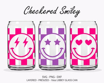 Checkered Smiley Face Svg Libbey, Retro Smiley Face Libbey Glass Svg, Smiley Face Wrap Svg, 16oz Libbey glass, Cricut, Can Glass Wrap