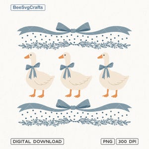 May include: Three white geese with blue bows, standing on a white background with a blue ribbon and polka dot pattern, and a floral design.
