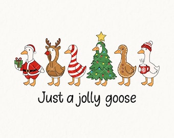 Op de afbeelding: Een digitale afbeelding met zes cartoon ganzen in feestelijke kleding. Eén gans is verkleed als kerstman, een andere als rendier, en anderen als zuurstok, kerstboom, peperkoek en een gans met een mok. De tekst luidt "Just a jolly goose."