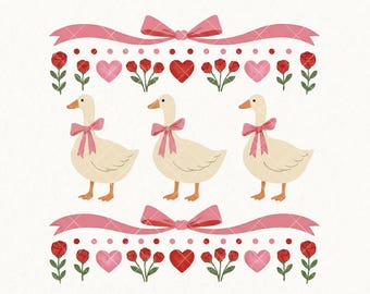 Vintage Valentine Ribbon Goose Png, Retro Goose Sublimation, Cute 1980s Groovy Aesthetic Clipart, Goose Coquette, Ugly Sweater, Digital Png