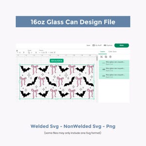 May include: A digital design file for a 16oz glass can. The design features a repeating pattern of black bats, pink bows, and sparkling stars. The design measures 9.3 x 4.3 inches. The file types include Welded SVG, NonWelded SVG, and PNG.