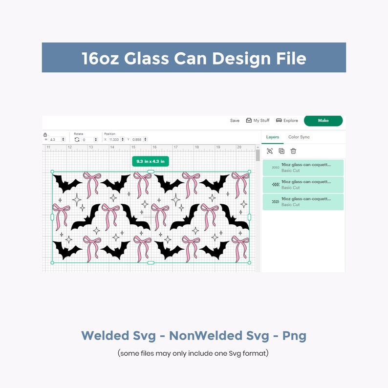 May include: A digital design file for a 16oz glass can. The design features a repeating pattern of black bats, pink bows, and sparkling stars. The design measures 9.3 x 4.3 inches. The file types include Welded SVG, NonWelded SVG, and PNG.