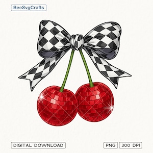 Trendige karierte Schleife Girly Png, Schleife mit Disco Kirschen Png, trendige Kirsche Png, niedliche Png Shirt Designs, digitaler Download