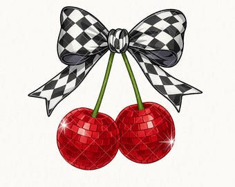 Trendy Checkered Bow Girly Png, Bow with Disco Cherries Png, Trendy Cherry Png, Cute Png Shirt Designs, Digital Download