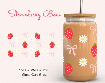 Coquette Strawberry Bows 16oz Libbey Wrap Svg, Pink Ribbons Daisy Glass Can Wrap Svg, Girly Can Png, Floral Cup Wrap, 16oz, for Cricut