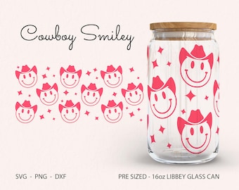 Envoltura de vaso de vidrio Libbey con cara sonriente de vaquero Svg, envoltura de lata de vidrio Svg, cara sonriente de vaquero Svg, Western Svg, envoltura de vaso de vidrio de moda, Cricut Cutfile, 16oz