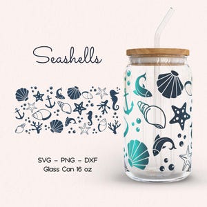 Vaso de vidrio marino con conchas marinas Svg, envoltura de vidrio Summer Libbey Svg, vaso de vidrio marino, lata de vidrio de verano Png, caballito de mar Svg, arte de vidrio oceánico, Cricut