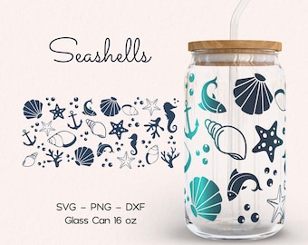 Seashell Ocean Glass Cup Svg, Summer Libbey Glass Wrap Svg, Sea Glass Tumbler, Summer Glass Can Png, Sea Horse Svg, Ocean Glass Art, Cricut