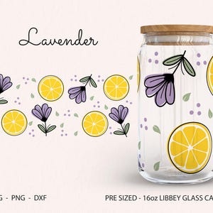 Vaso de vidrio Libbey de lavanda, lata de vidrio de limón Svg, envoltura de vaso de lavanda, envoltura de lavanda, envoltura de limón Svg, sublimación, envoltura de vaso de vidrio