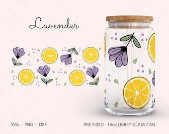 Lavender Libbey Glass Cup Tumbler, Lemon Glass Can Svg, lavender Tumbler Wrap, Lavender Wrap, Lemon Wrap Svg, Sublimation, Glass Cup Wrap