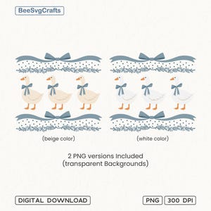 May include: Digital download of two sets of three geese illustrations. The geese are white with blue bows and are standing on a blue and white polka dot ribbon with blue leaves. The first set of geese is beige and the second set is white.  2 PNG versions Included (transparent Backgrounds). PNG 300 DPI.