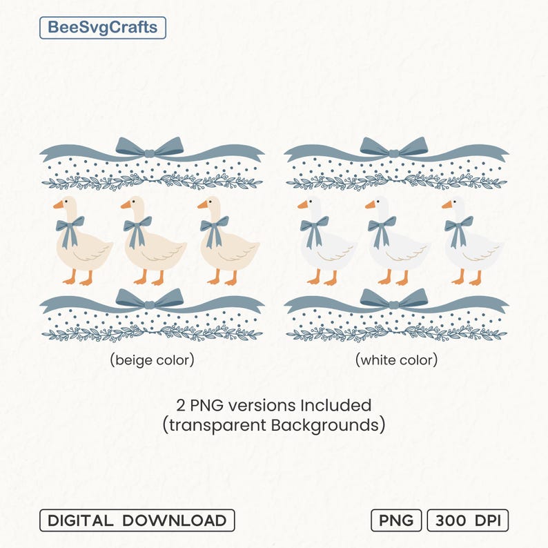 May include: Digital download of two sets of three geese illustrations. The geese are white with blue bows and are standing on a blue and white polka dot ribbon with blue leaves. The first set of geese is beige and the second set is white.  2 PNG versions Included (transparent Backgrounds). PNG 300 DPI.