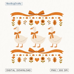 May include: A digital illustration featuring three white geese adorned with orange bows. The design includes orange bows, pumpkins, sunflowers, and leaves, with the text "BeeSvgCrafts" and "DIGITAL DOWNLOAD". The image has a fall or harvest theme.