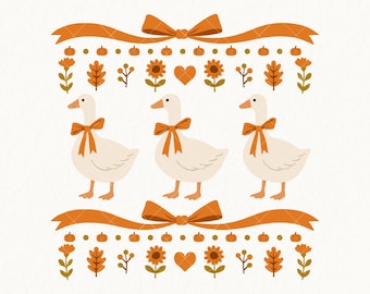May include: A digital illustration featuring three white geese adorned with orange bows. The design includes orange bows, pumpkins, sunflowers, and leaves, with the text "BeeSvgCrafts" and "DIGITAL DOWNLOAD". The image has a fall or harvest theme.