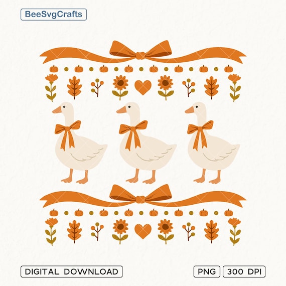 Vintage Blue Ribbon Goose Png, Fall Goose Png, Autumn Coquette Goose, Cute 1980s Groovy Aesthetic Clipart, Pumpkin Floral, Funny Shirt Png