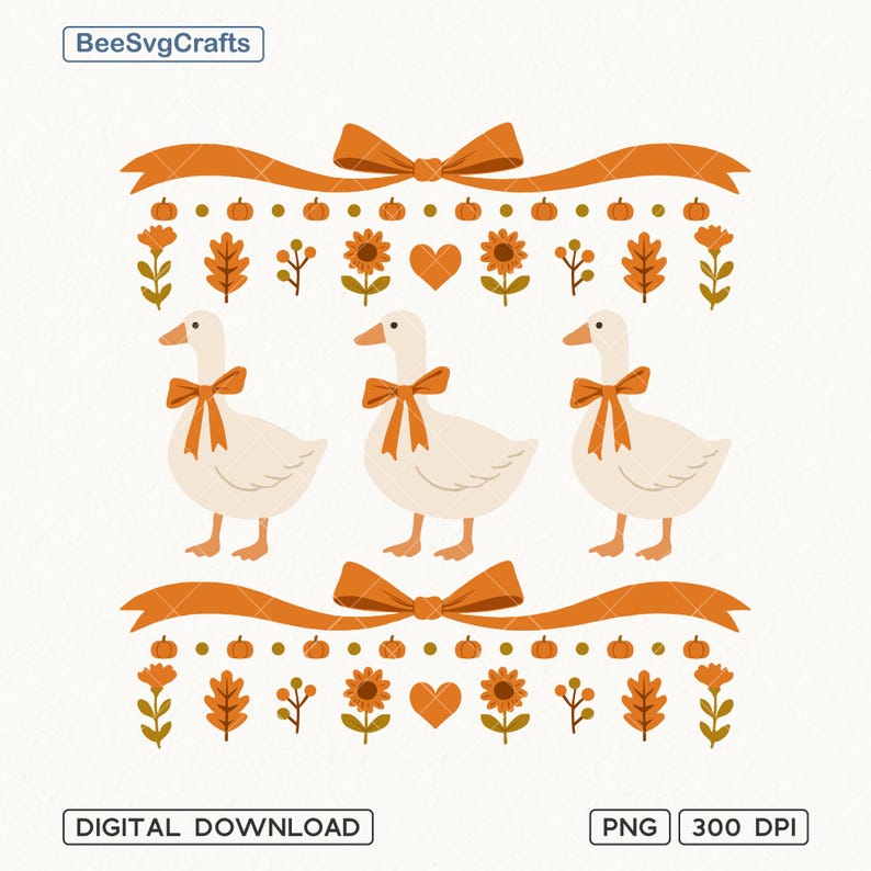 May include: A digital illustration featuring three white geese adorned with orange bows. The design includes orange bows, pumpkins, sunflowers, and leaves, with the text "BeeSvgCrafts" and "DIGITAL DOWNLOAD". The image has a fall or harvest theme.