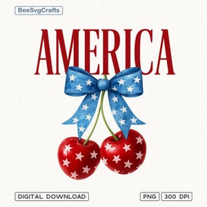 Puede incluir: Una descarga digital de un gráfico patriótico rojo, blanco y azul con la palabra "AMERICA" en letras rojas y dos cerezas rojas con estrellas blancas atadas con una cinta azul con estrellas blancas.
