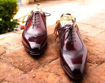 Scarpe Oxford fatte a mano in pelle bordeaux: scarpe eleganti da uomo con finitura Goodyear Welt