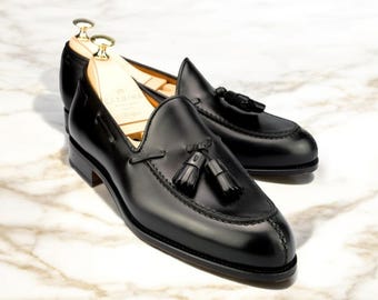 Voguecuir. Men's Handmade Black Cow Leather Moccasin Tussle Shoe, Men's Fashion Formal Shoes.