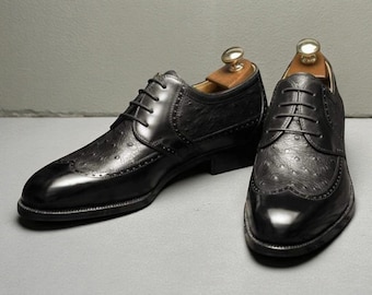 Handmade Ostrich Leather Wingtip Shoes: Two-Tone Black Dress Shoes