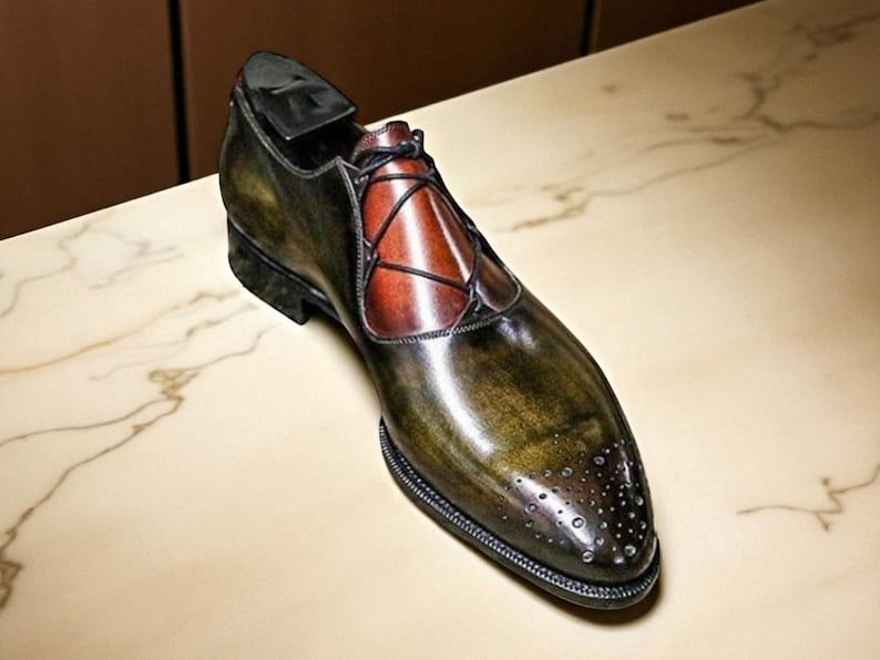Handmade Two Tone Leather Brogue Shoes: Tan Brown & Dark Green image 1